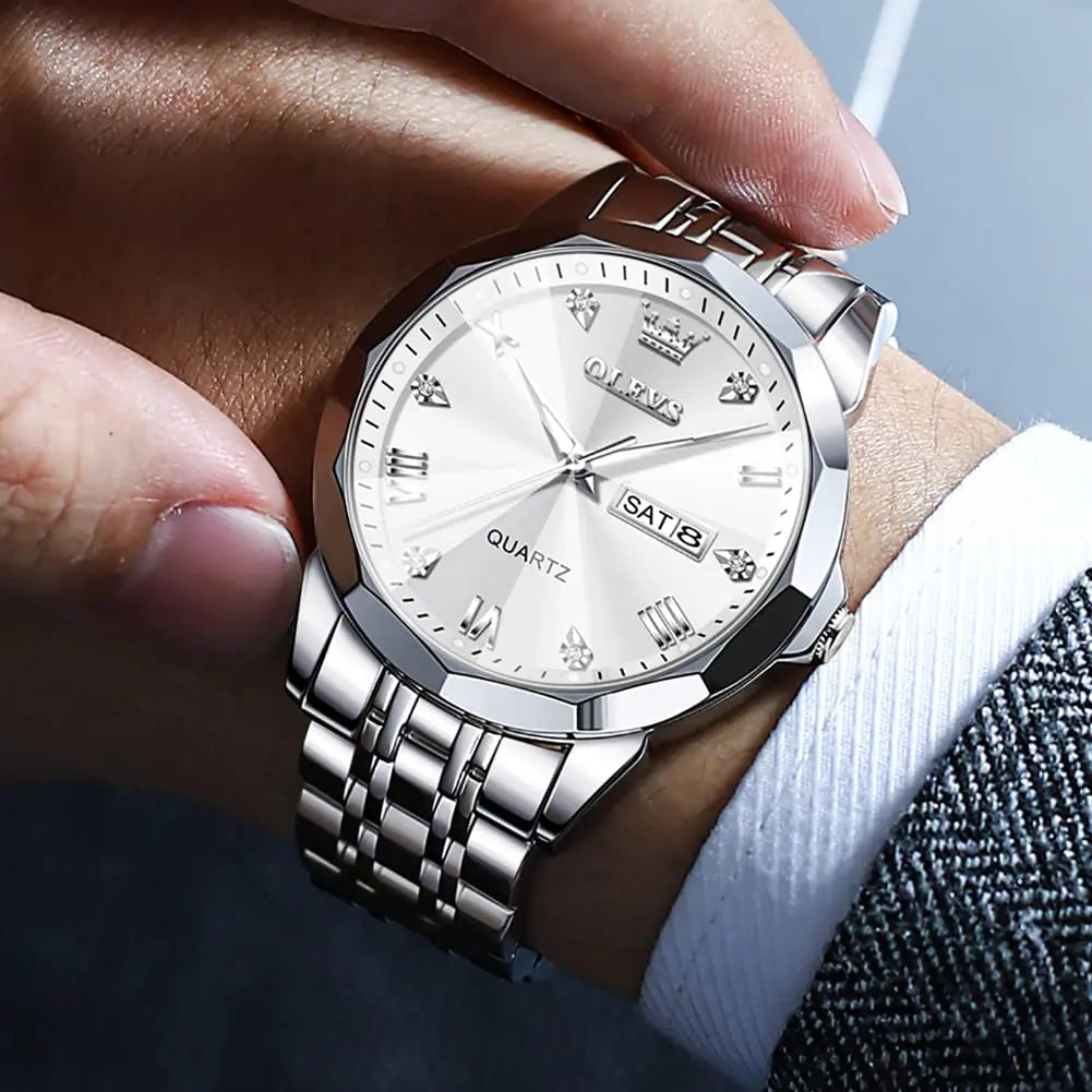Silver men's luxury wrist watch by Lamp Post featuring diamond accents, stainless steel band, luminous dial, waterproof, and analog quartz.