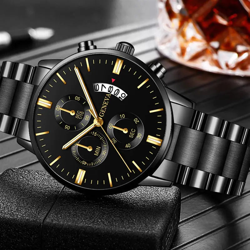 Men's stainless steel watch from Lamp Post featuring a sleek, stylish design with a round dial and metal strap.