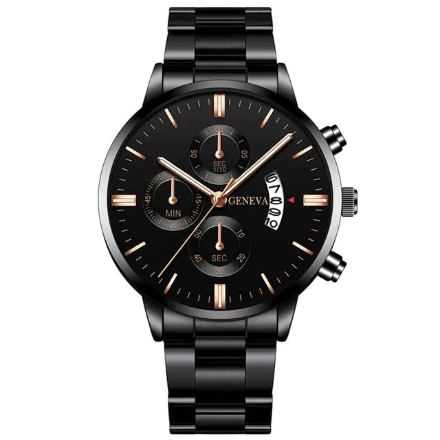 Stylish men's stainless steel watch by Lamp Post featuring a sleek design and metal bracelet on a neutral background.