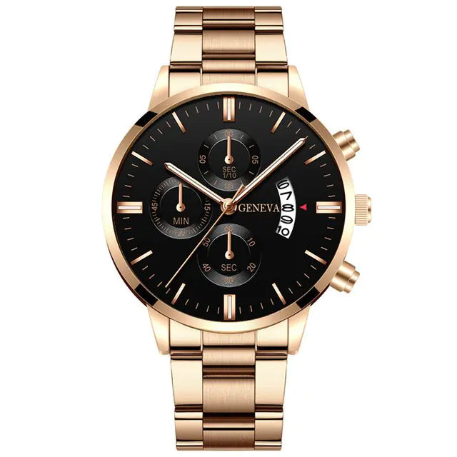 Fashion men's stainless steel watch by Lamp Post with a sleek design and metal band, displayed on a stylish watch stand.