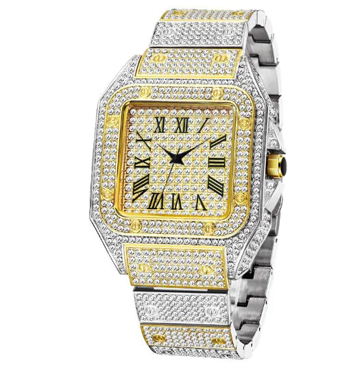 Silver MISSFOX Ice Out Watch for Men by Lamp Post showing a sleek wristwatch with a silver dial and stainless steel band.