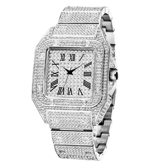 Men's Lamp Post MissFOX Ice Out watch with silver band and sleek design, shown in a close-up image.