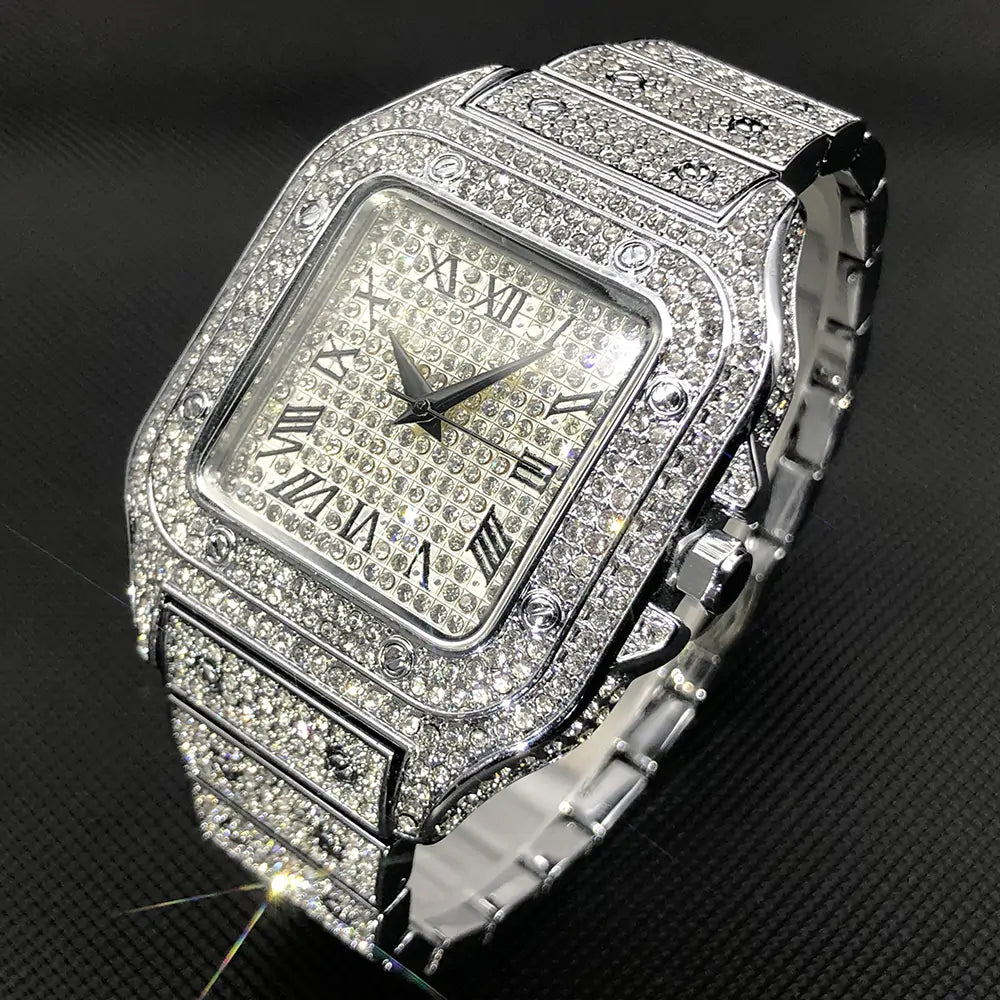 Silver Ice Out Diamond Square Watch for Men by Lamp Post, featuring a stylish design and elegant details.