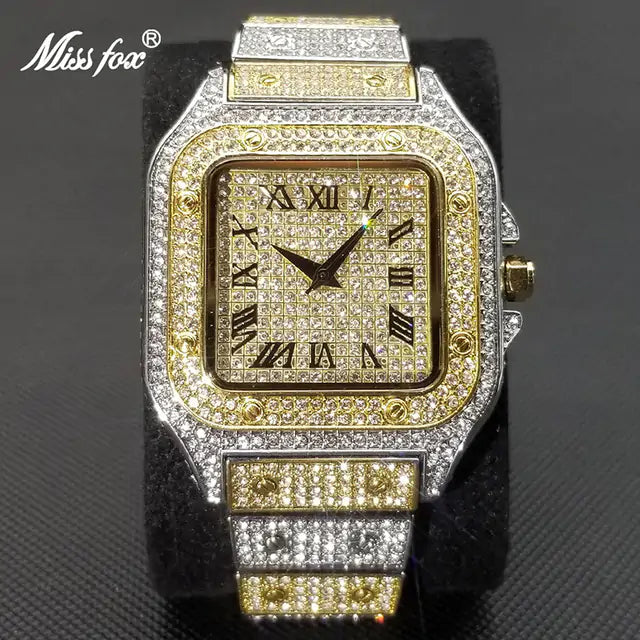 Silver Ice Out Diamond Square Watch for Men by Lamp Post, featuring a sleek design and sparkling diamond accents.
