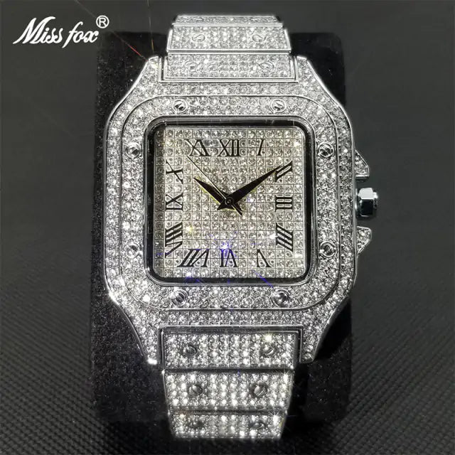 Lamp Post Ice Out Diamond Square Watch for Men with silver band, stylish design, perfect for Father’s Day or Christmas gift.