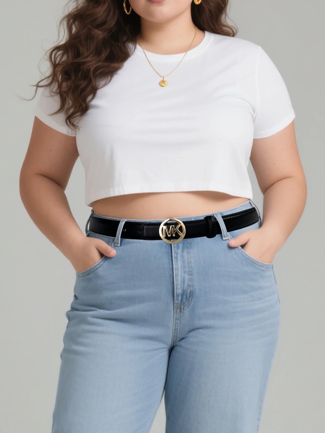 Elegant women's letter buckle belt by Lamp Post featuring premium textured leather and modern style, displayed on a white background.