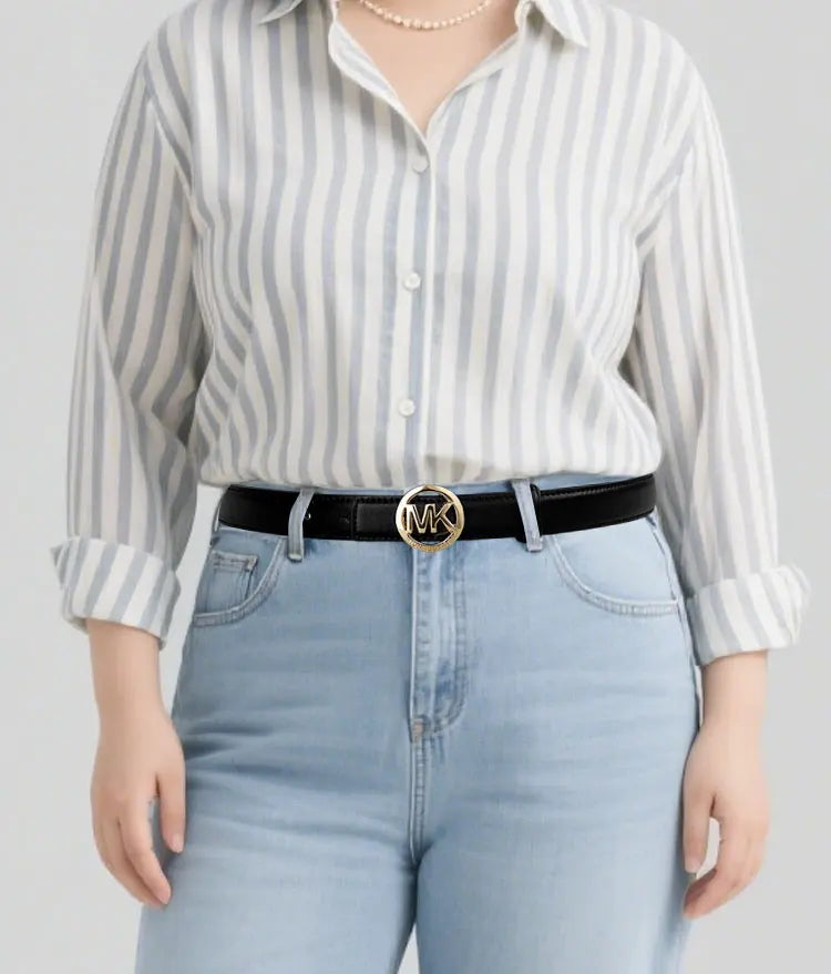 Elegant women's leather belt with letter buckle, featuring premium texture and modern style by Lamp Post.