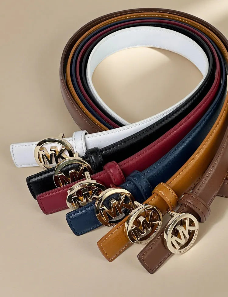 Elegant women's white leather belt with letter buckle from Lamp Post, featuring a premium textured finish and modern style.