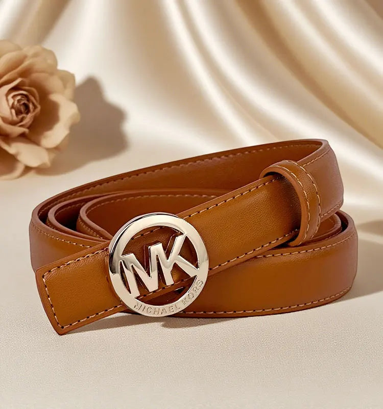 Elegant women's letter buckle belt by Lamp Post featuring premium textured leather and modern style, displayed in white.