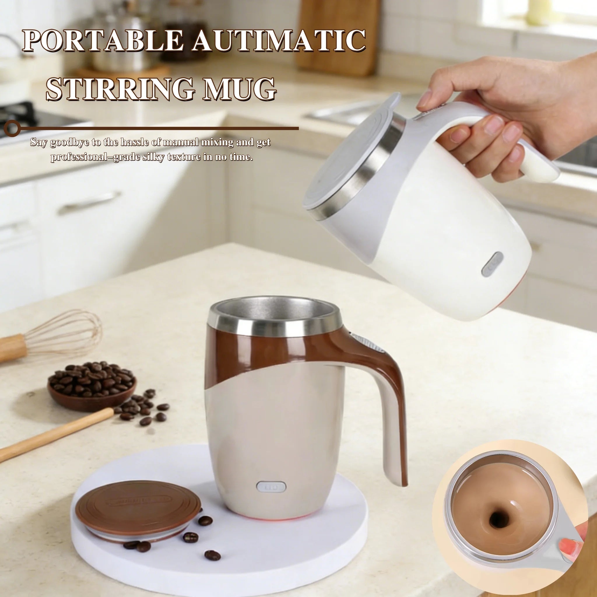 White Lamp Post automatic self-mixing coffee mug with magnetic stirrer, 304 stainless steel, rechargeable electric mug for coffee and tea.