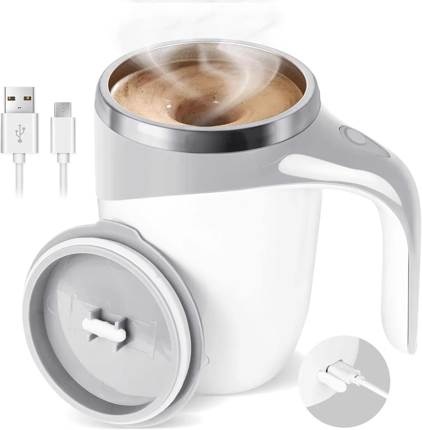 Lamp Post automatic self-mixing coffee mug with stainless steel body and magnetic stirrer, rechargeable electric mug for coffee, tea, and milk.