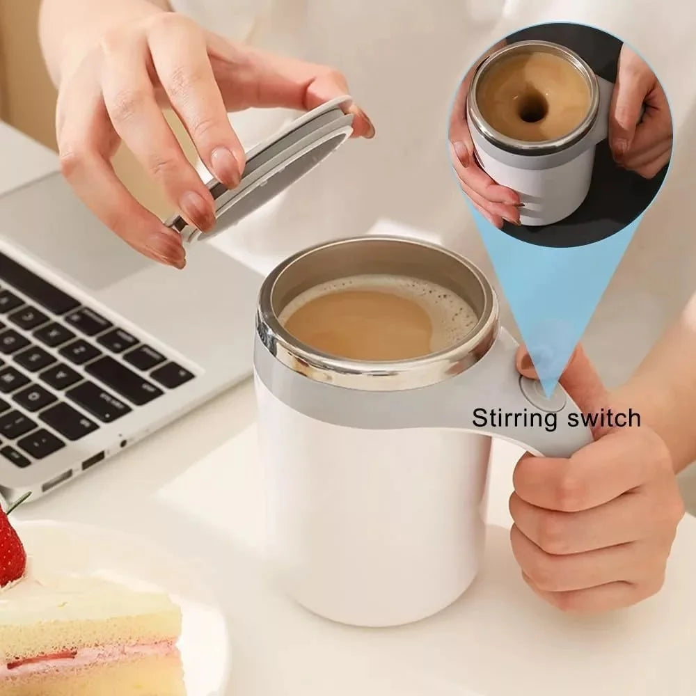 White Lamp Post automatic self-mixing coffee mug with magnetic stirrer, stainless steel, rechargeable electric mug for coffee, milk, and tea.