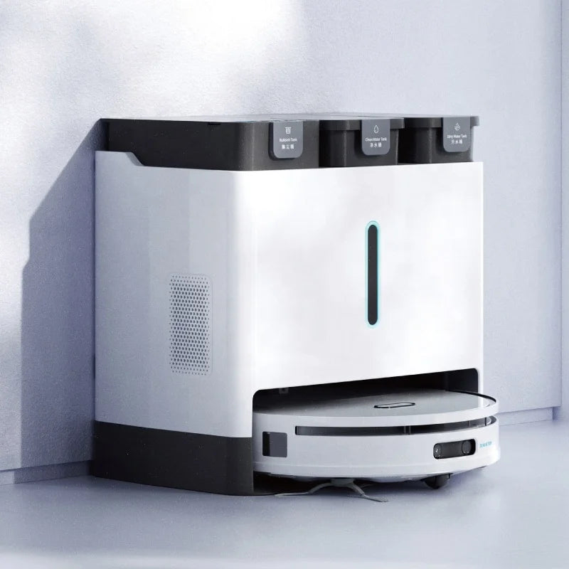Lamp Post white self-washing robot vacuum cleaner with mopping function and lift, shown cleaning a hardwood floor.