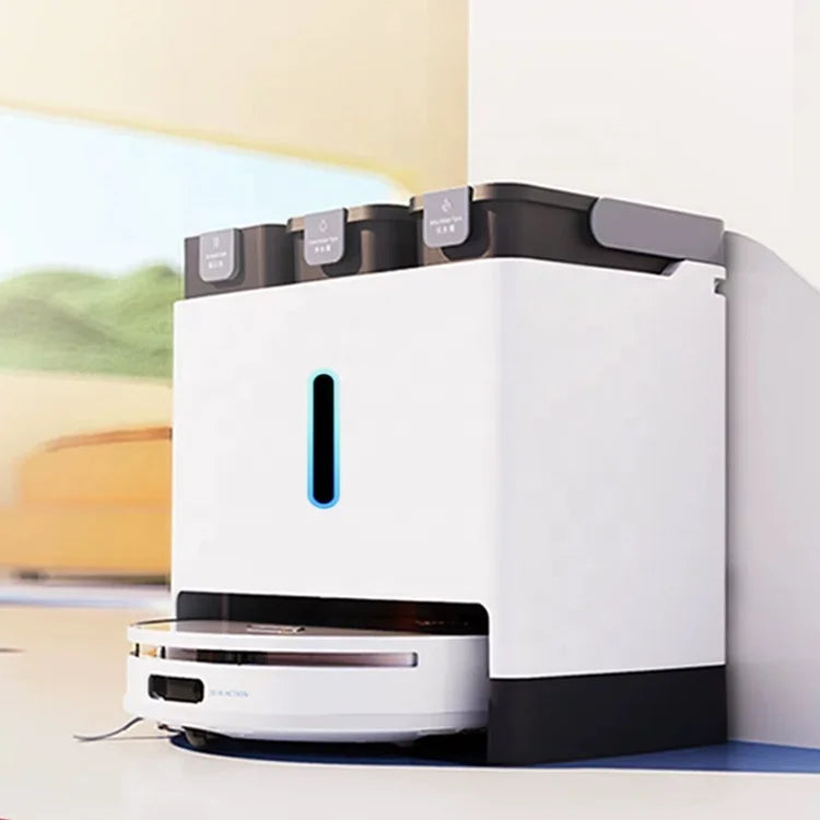 Lamp Post white self-washing robot vacuum cleaner with mopping and mop lift, showing the sleek design and cleaning features.