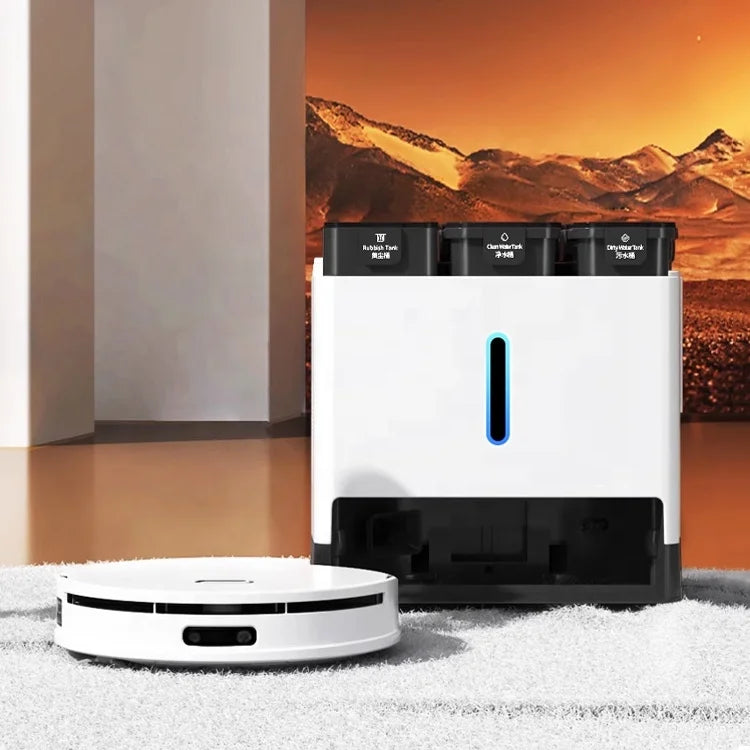 Lamp Post white self-washing robot vacuum cleaner with mopping and mop lift features, designed for efficient floor cleaning.
