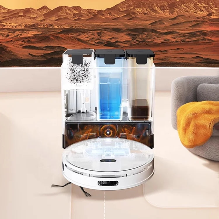 Lamp Post white self-washing robot vacuum cleaner with mopping and mop lift feature, shown cleaning a modern floor.