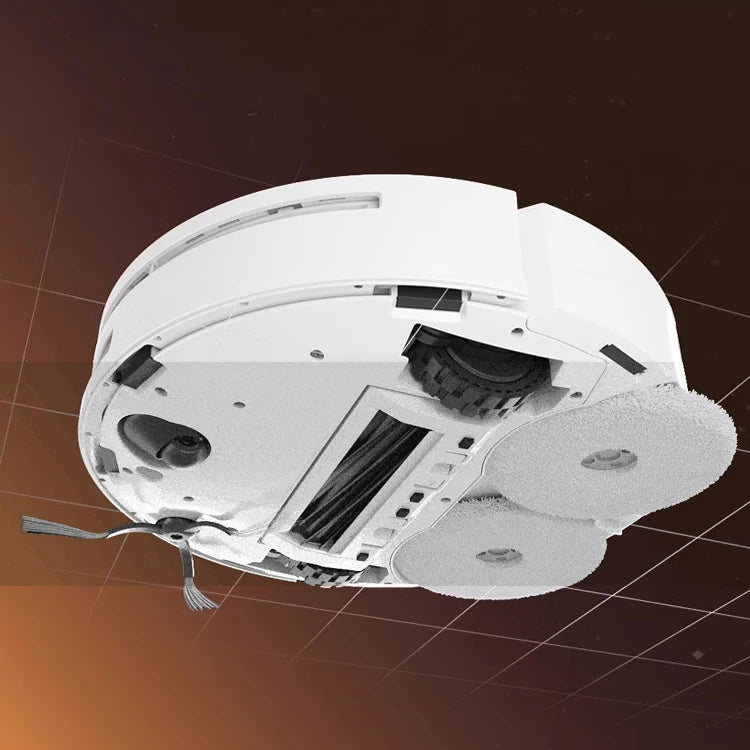 Lamp Post white self-washing robot vacuum cleaner with mopping and mop lift function, showing its sleek design and cleaning features.