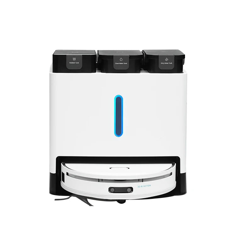 Lamp Post self-washing robot vacuum cleaner with mopping and mop lift, shown in white, cleaning floors automatically.