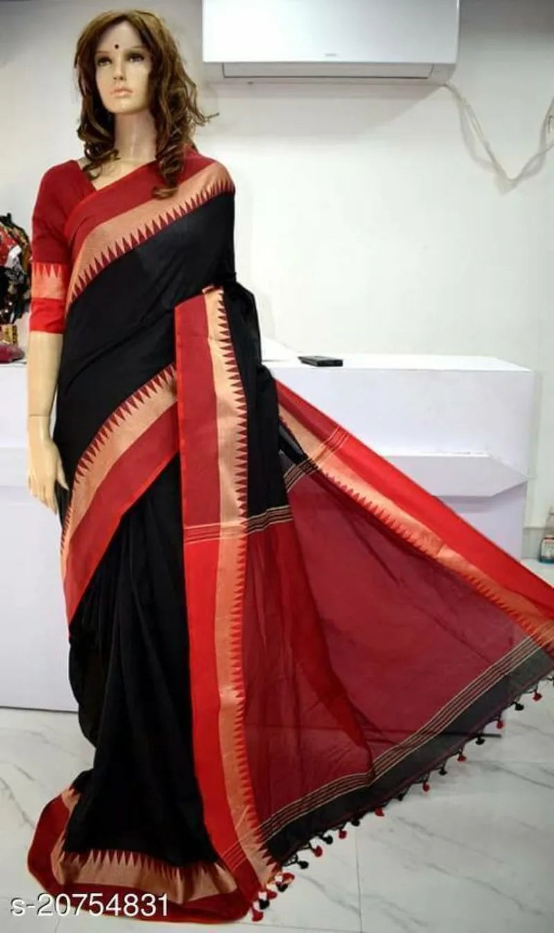 White traditional cotton saree for women by Lamp Post, featuring classic design and one-size fit, displayed in the image.