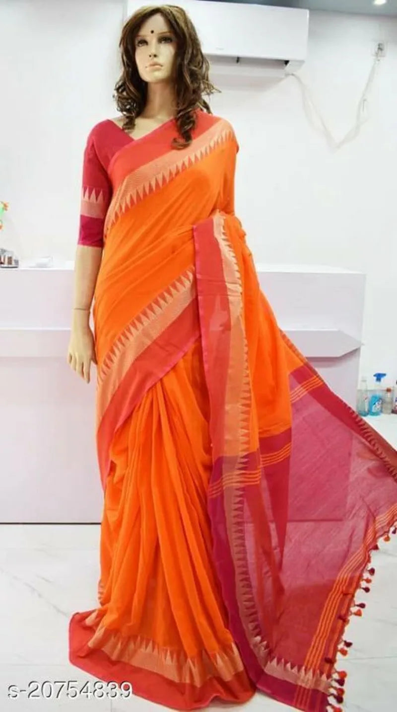White traditional cotton saree for women by Lamp Post, featuring classic design and one-size fit, displayed on a model.