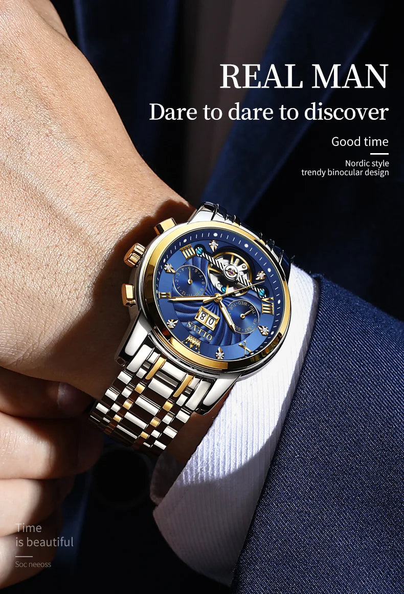 White luxury men's wristwatch by Lamp Post featuring an automatic tourbillon movement and elegant design.