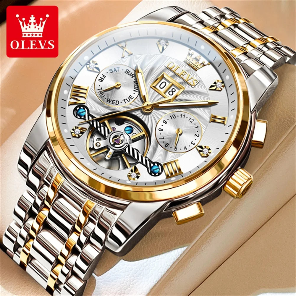 Luxury men's wristwatch by Lamp Post featuring an automatic tourbillon movement and a sleek white dial.