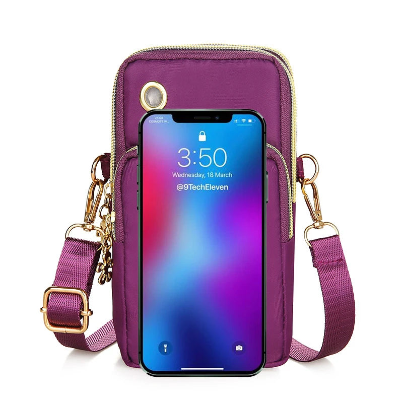 Lamp Post women's black crossbody mini bag for phones, coins, and essentials, with a 20cm length and neck-hanging design.