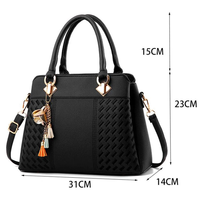 Black luxury women's crossbody handbag by Lamp Post, stylish and spacious with a sleek design and adjustable strap.