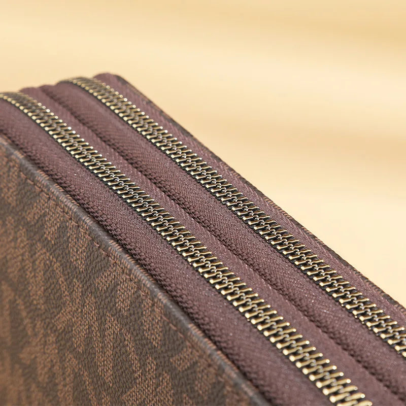 Luxurious Lamp Post female long wallet with double zippers, wristlet, phone and card holders, featuring big letter design, stylish and functional.
