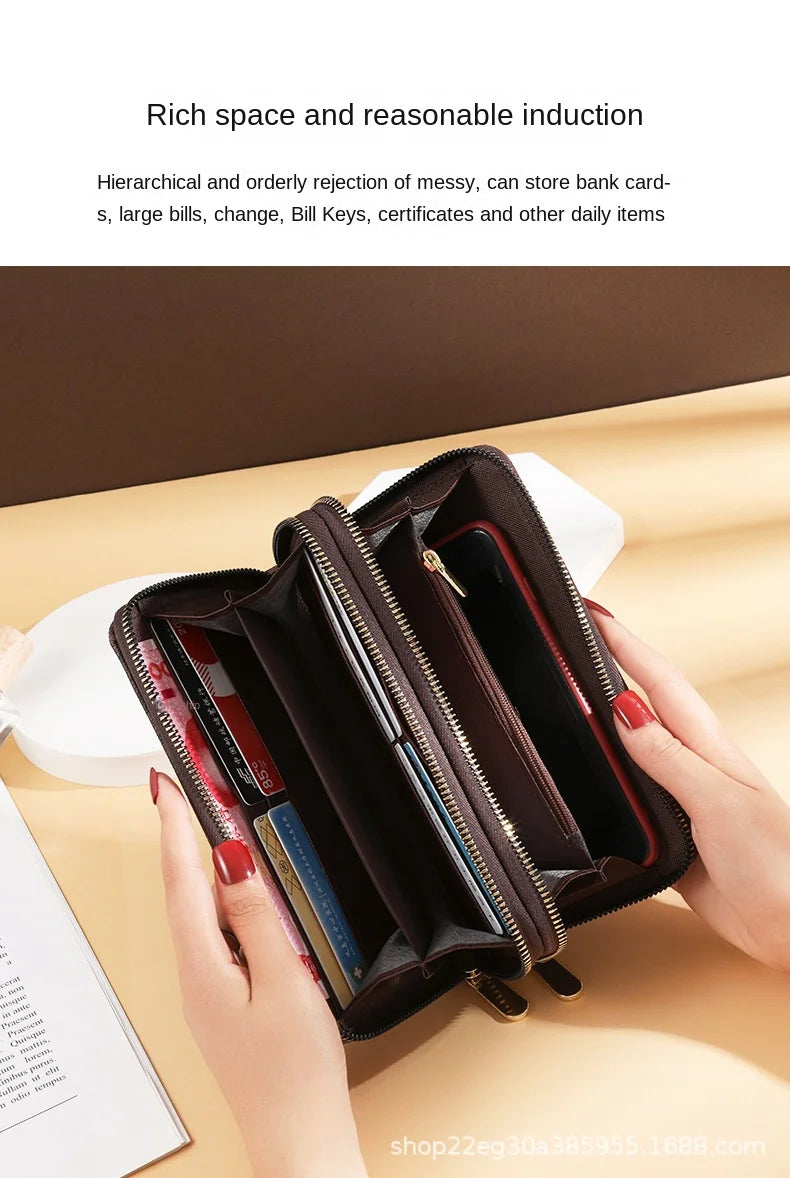 Luxurious Lamp Post women's long wallet with double zippers, big letter design, wristlet, phone holder, and card slots.
