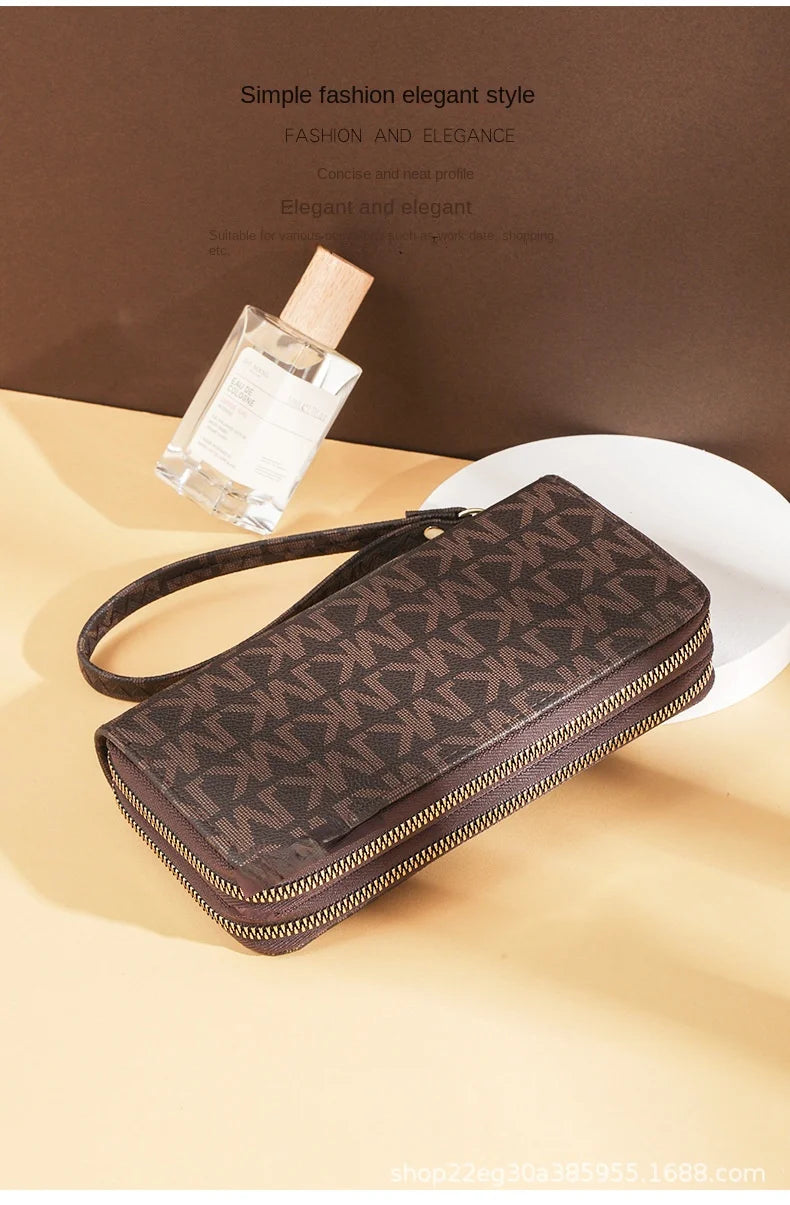 Luxurious Lamp Post women's long wallet with double zippers, big letter design, wristlet, phone and card holder, stylish fashion accessory.
