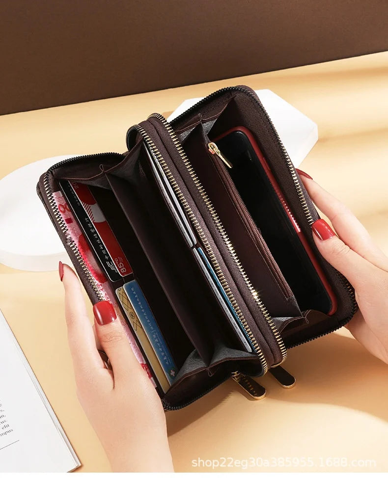 Luxurious Lamp Post women's long wallet with double zippers, big letter design, wristlet, phone and card holder in stylish fashion.
