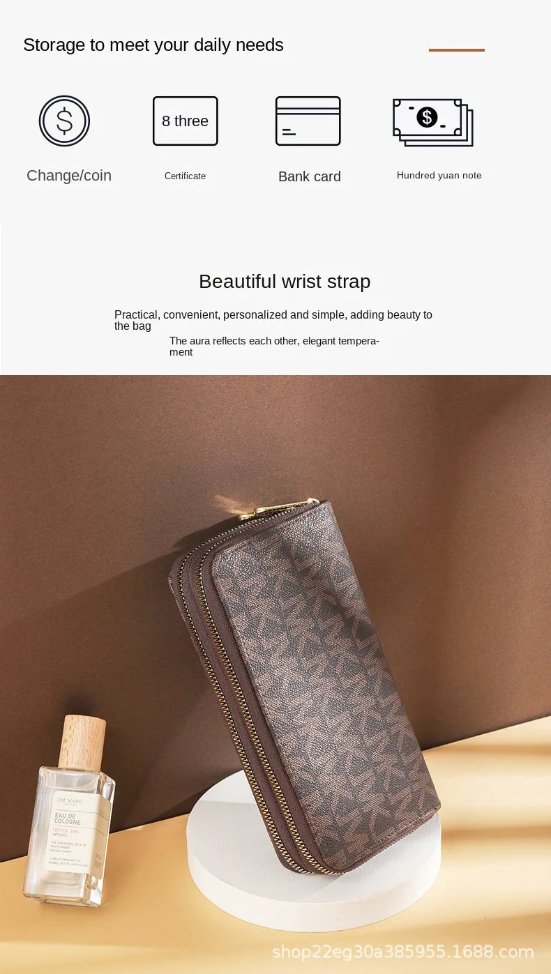 Luxurious Lamp Post women's long wallet with double zippers, big letter design, wristlet, phone, and card holder in elegant style.