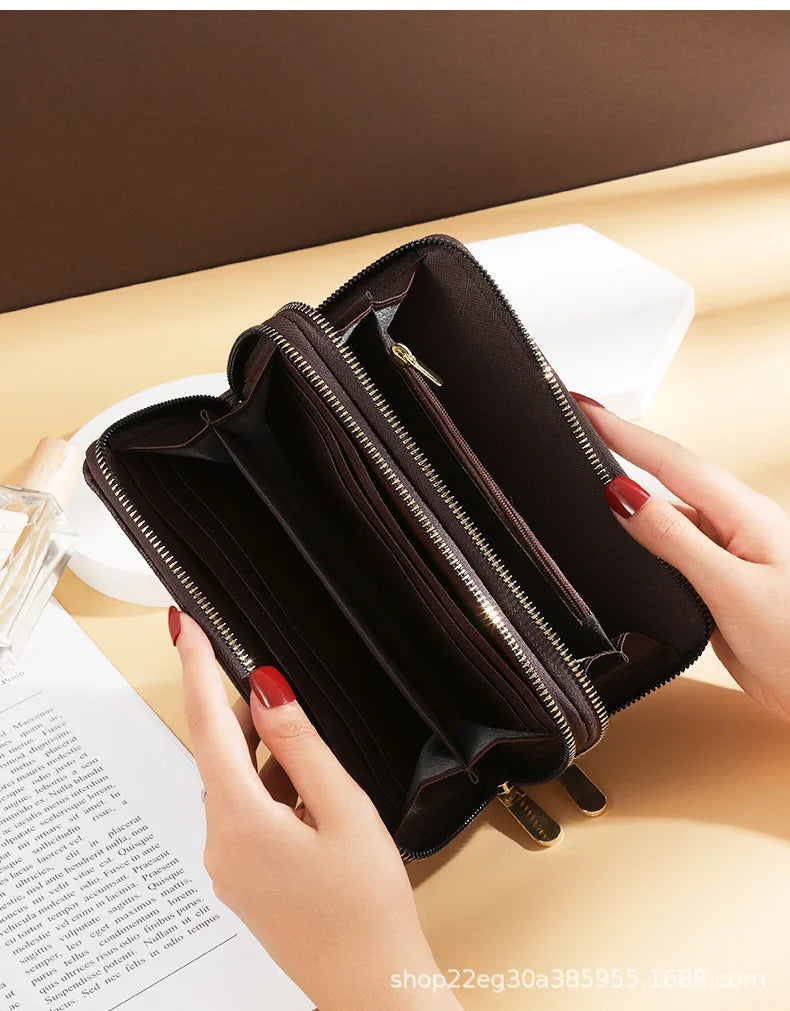 Luxurious Lamp Post women's long wallet with double zippers, big letter design, wristlet strap, phone and card holder, fashion accessory.