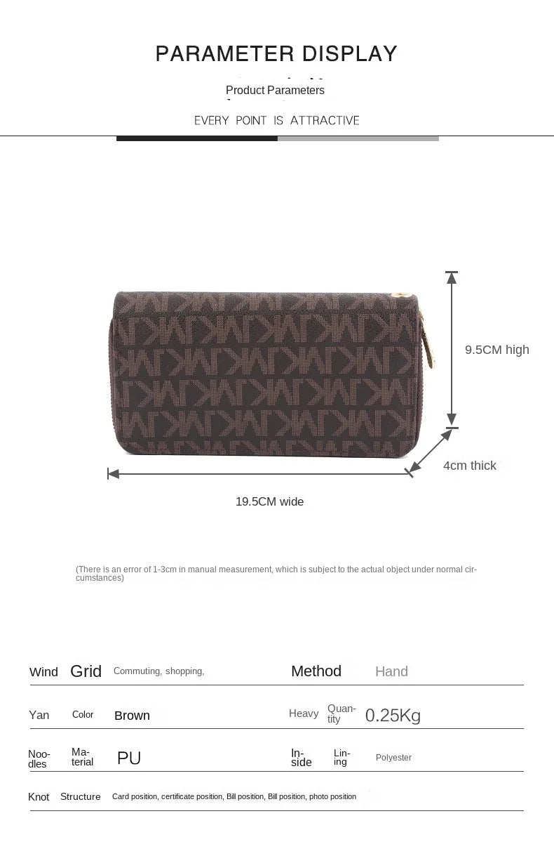 Luxurious Lamp Post female long wallet with double zippers, big letter design, wristlet, phone, and card holder in elegant fashion style.