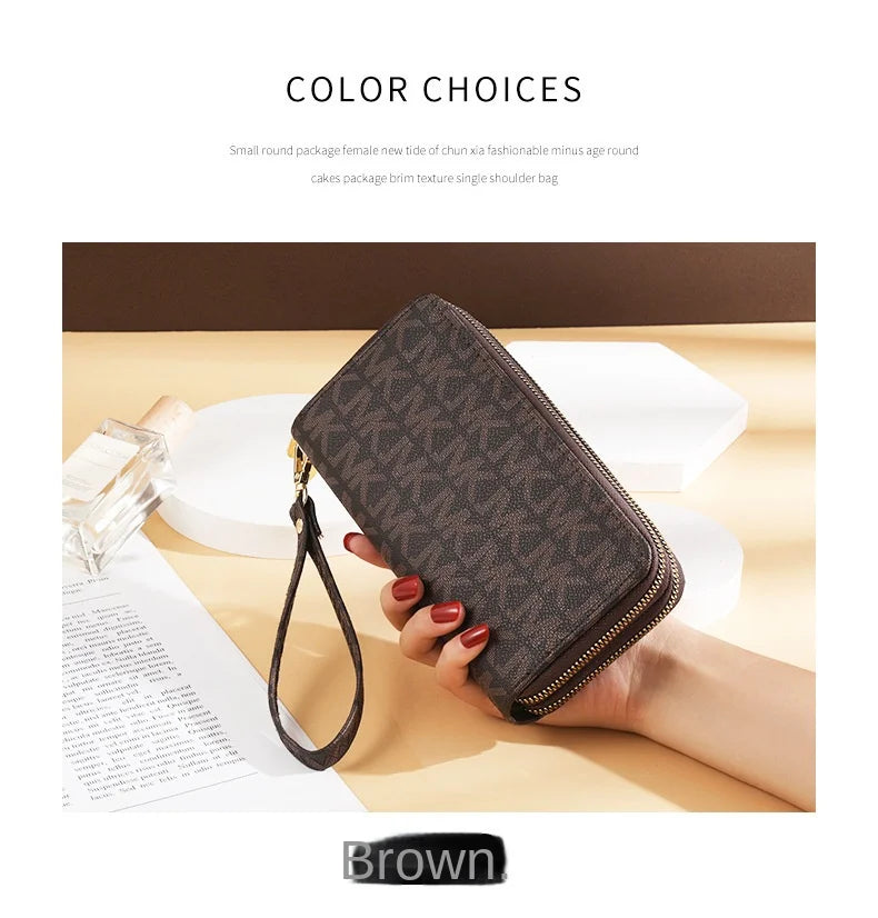 Luxurious Lamp Post women's long wallet with double zippers, big letter design, wristlet, phone, and card holder in stylish fashion.