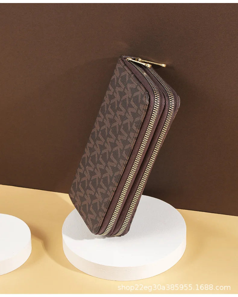Luxurious Lamp Post women's long wallet with double zippers, big letter design, wristlet, phone holder, and card slots, stylish and functional.