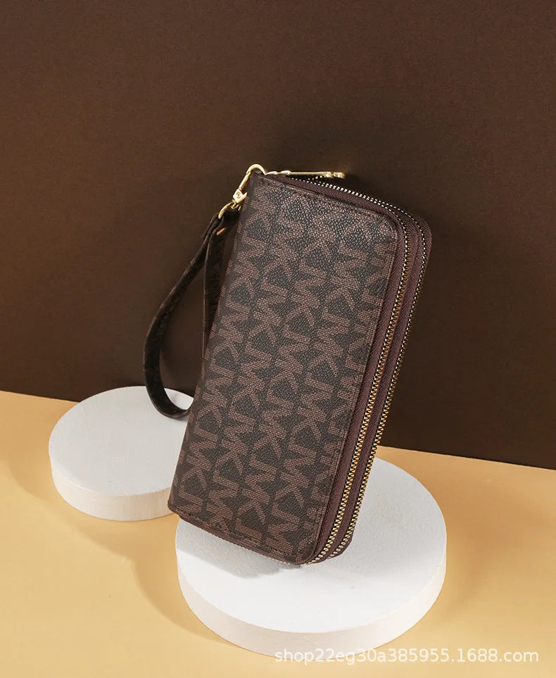 Luxurious Lamp Post women's long wallet with double zippers, big letter design, wristlet, phone holder, and card slots.