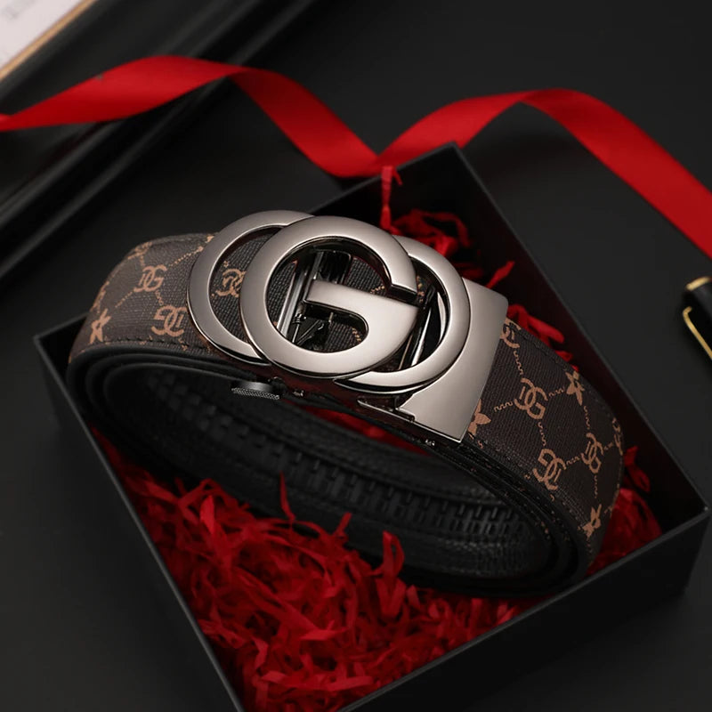 Elegant genuine leather men's belt with a metal alloy automatic buckle from Lamp Post, featuring a luxury design and adjustable strap.