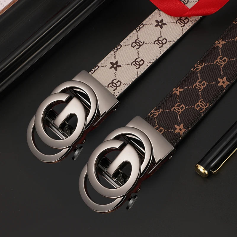 Genuine leather men's belt with automatic metal alloy buckle from Lamp Post's luxury collection, featuring a sleek yellow strap.