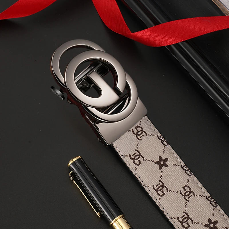 Luxury Lamp Post genuine leather men's belt with automatic metal alloy buckle, stylish design, and adjustable strap for a sophisticated look.