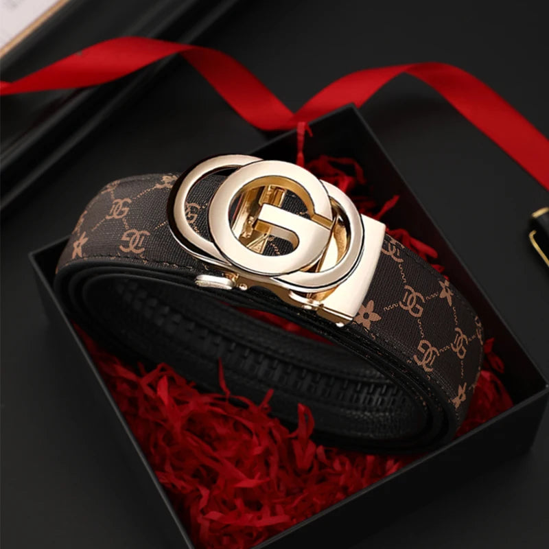 Yellow genuine leather men’s belt with metal alloy automatic buckle from Lamp Post, featuring a luxury design and adjustable strap.