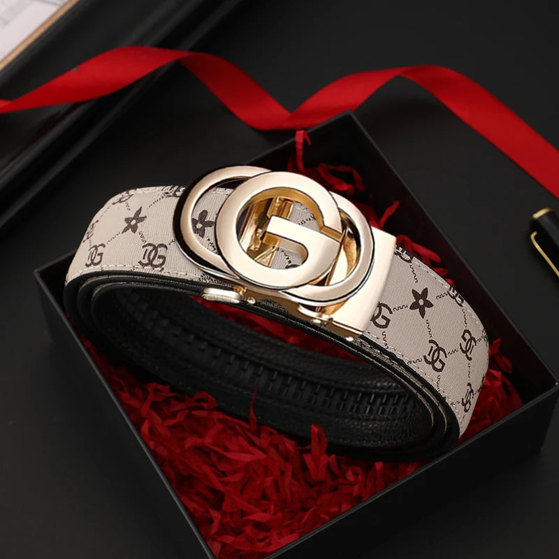 Elegant genuine leather men's belt with a metal alloy automatic buckle from Lamp Post, featuring a luxury design and yellow strap.