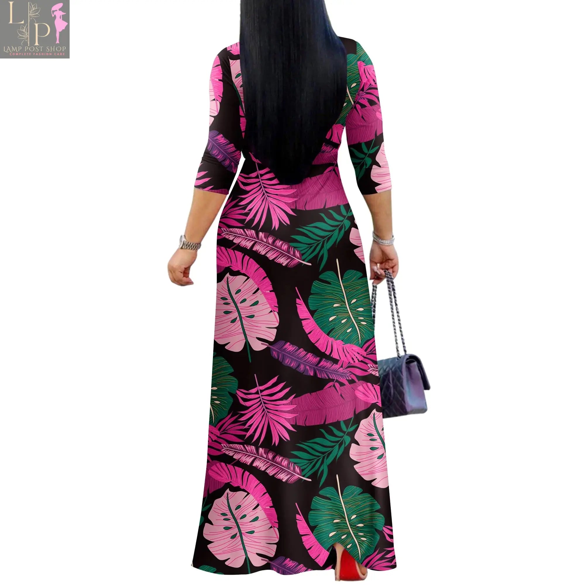 Lamp Post FANDEE plus size maxi dress for women, casual summer sundress with V-neck and 3/4 sleeves in black and rose red.