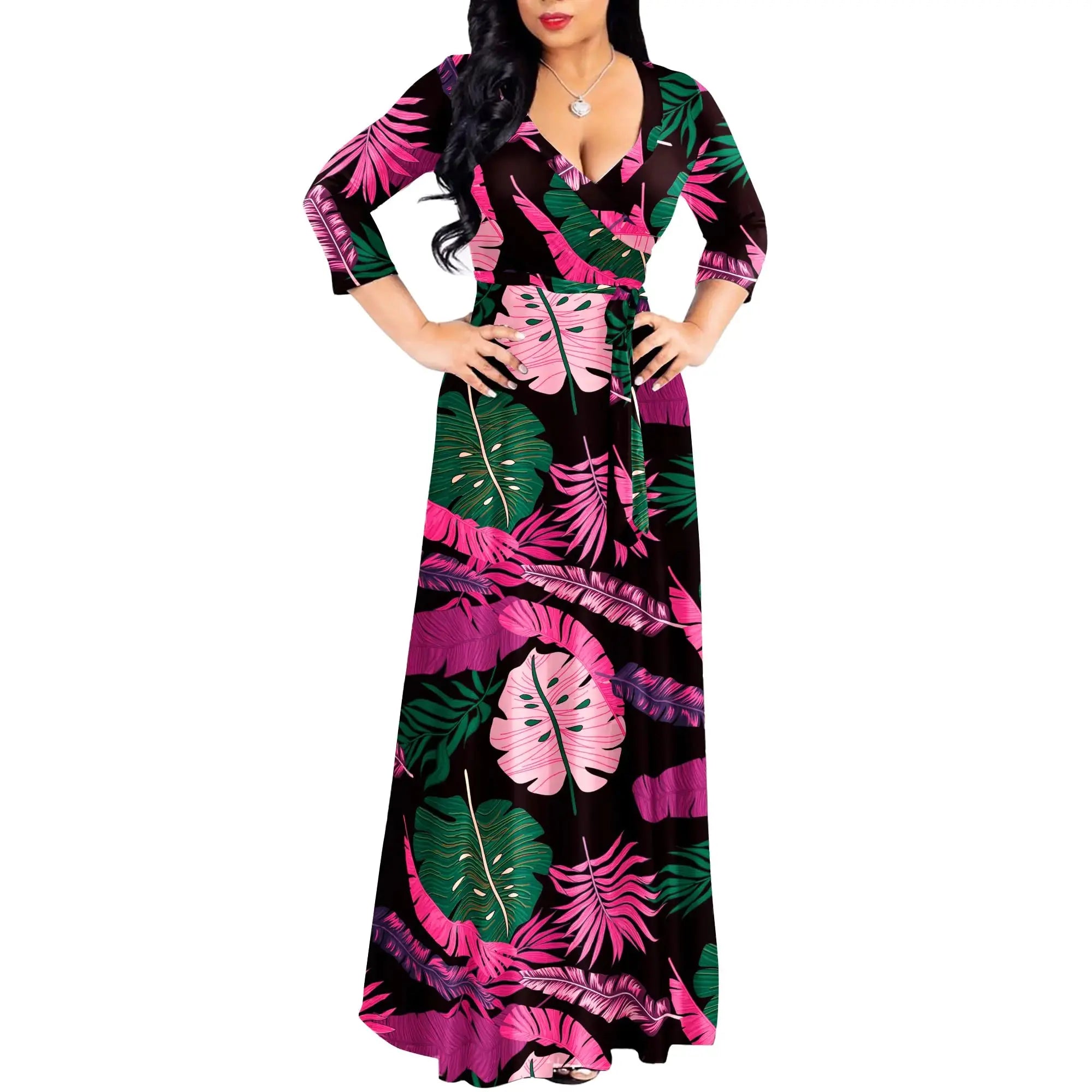Lamp Post FANDEE plus size maxi dress for women, casual summer sundress with V-neck, 3/4 sleeves in black and rose red.