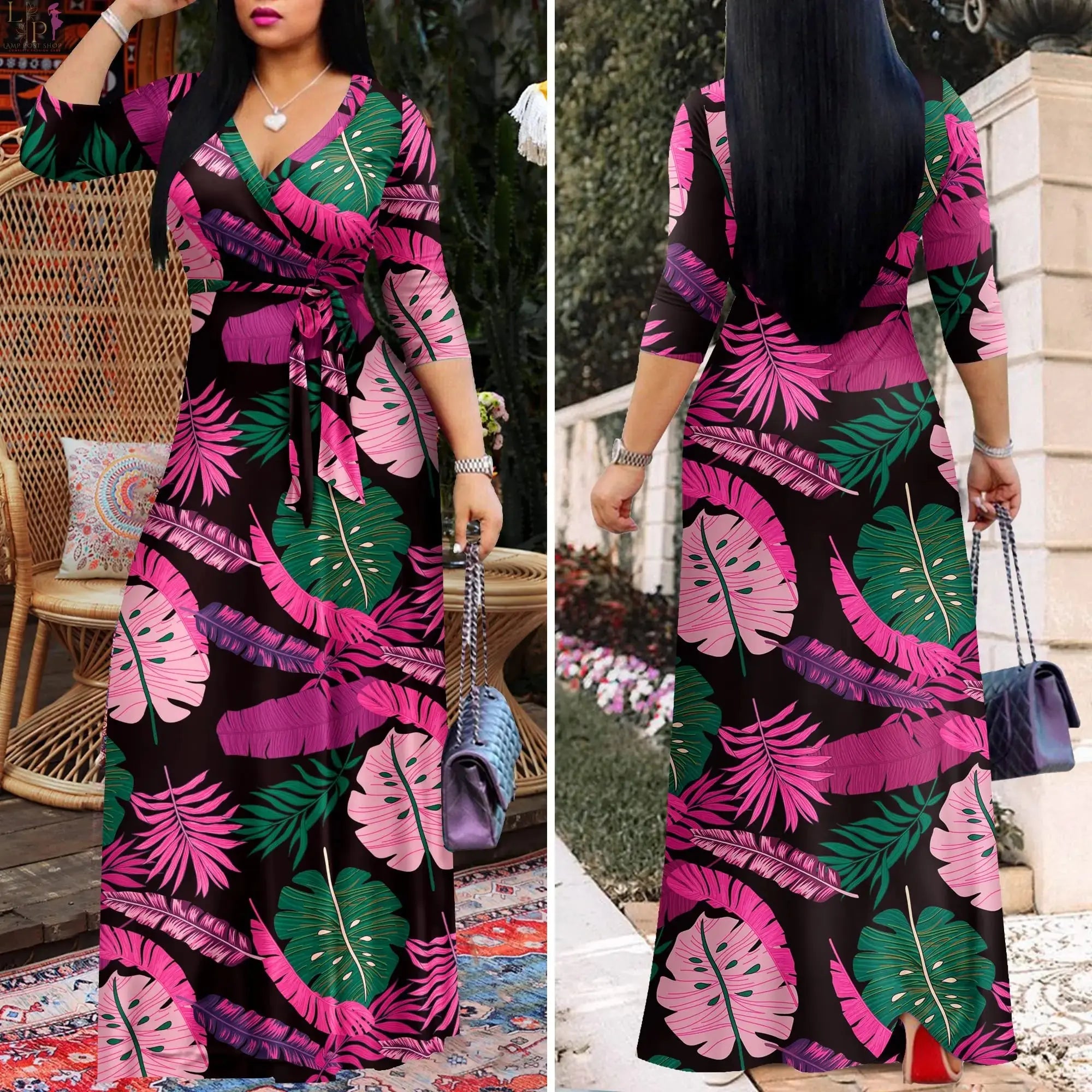 Lamp Post FANDEE plus size maxi dress for women in black and rose red, casual summer sundress with V-neck and 3/4 sleeves.