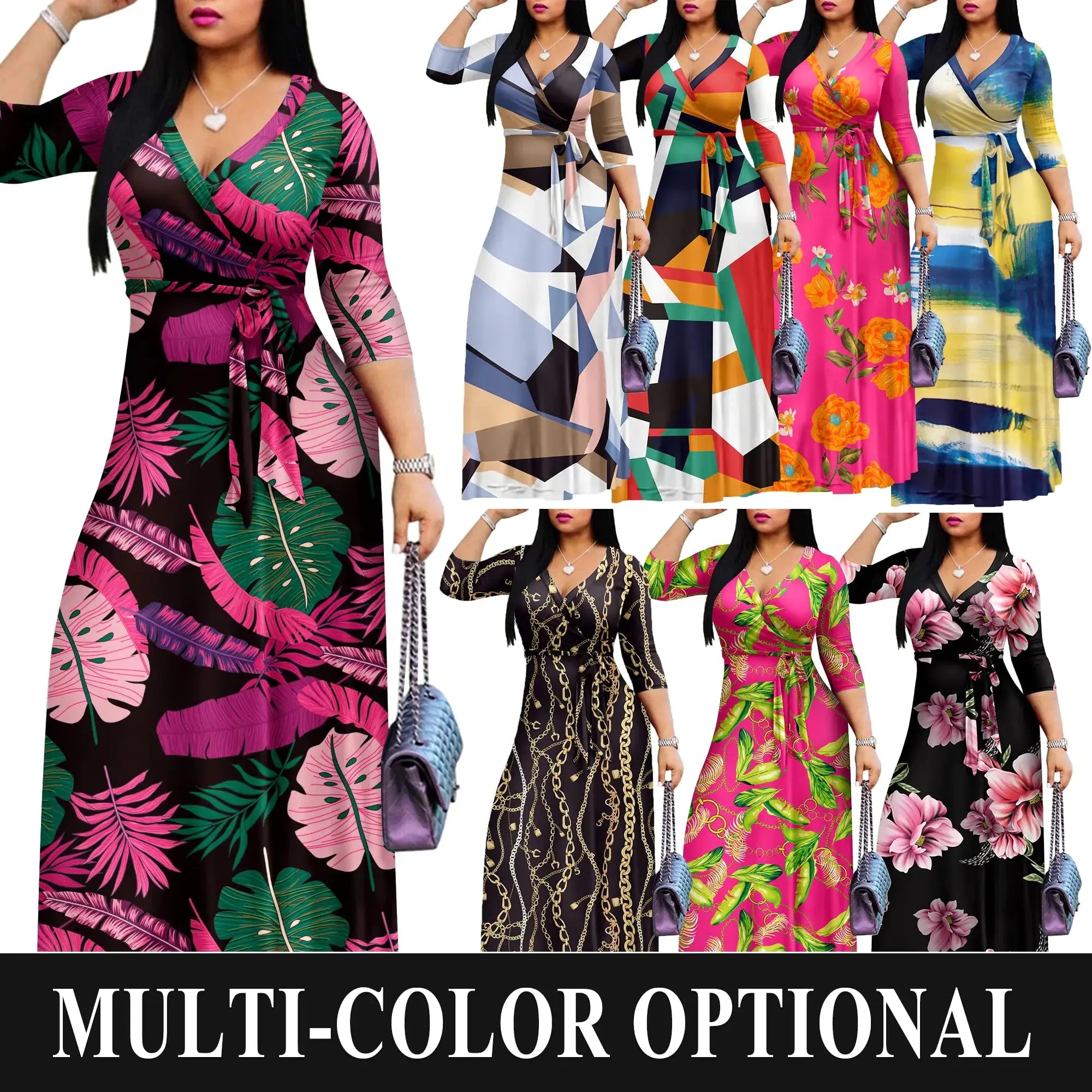 Lamp Post FANDEE plus size maxi dress for women in black and rose red, casual summer sundress with V-neck and 3/4 sleeves.