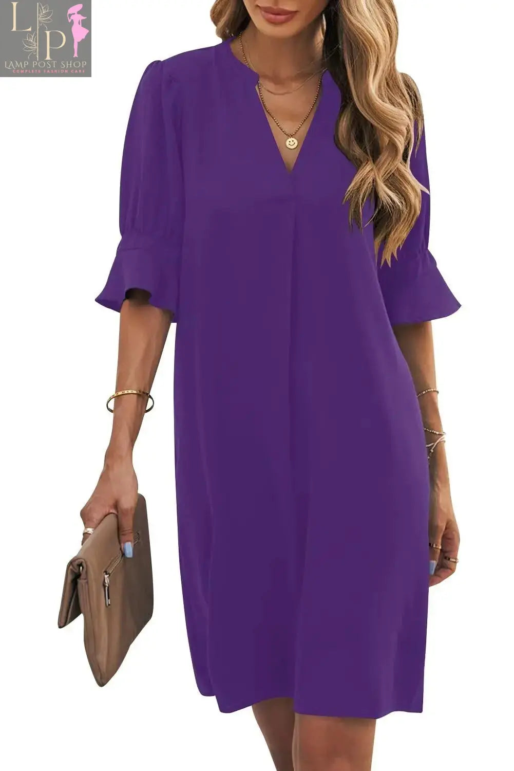 Purple Wkior women’s shift dress with V-neck, short sleeves, flowy fit, solid color, casual summer style, size medium.