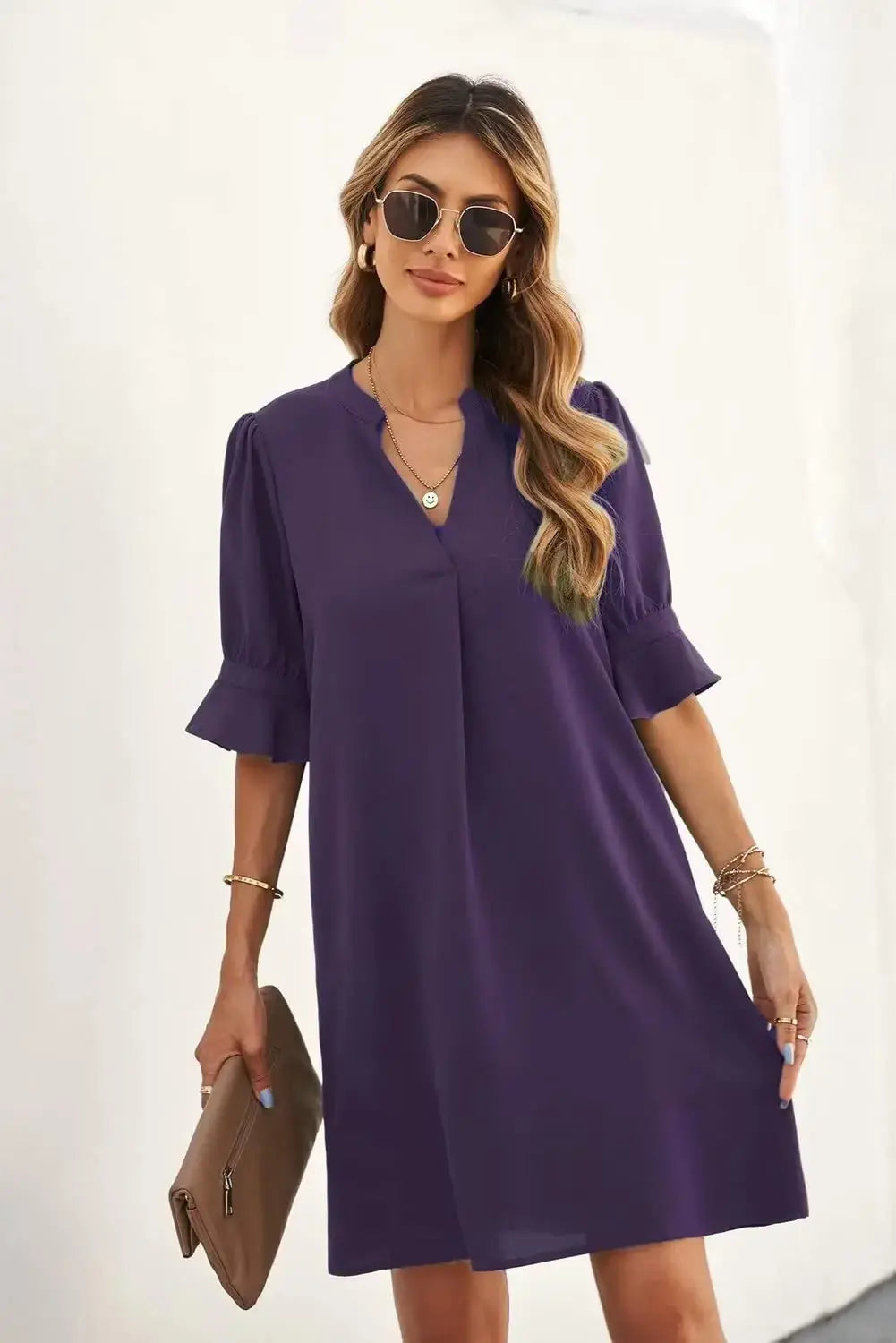 Purple Lamp Post women’s shift dress with V-neck, short sleeves, flowy casual style, in medium size, solid color for summer.