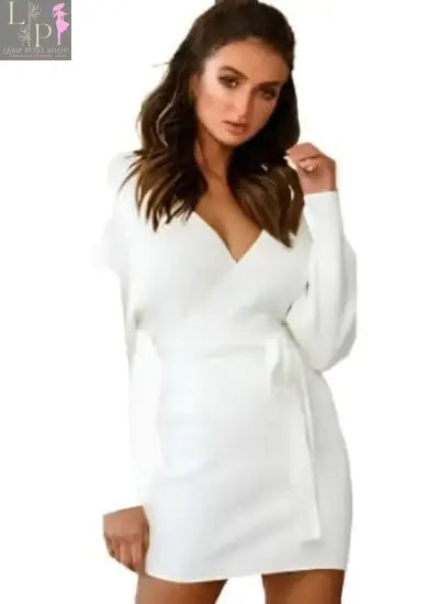 Beige Lamp Post women's wrapover knitted mini dress in size XL, featuring a fitted silhouette and stylish design.